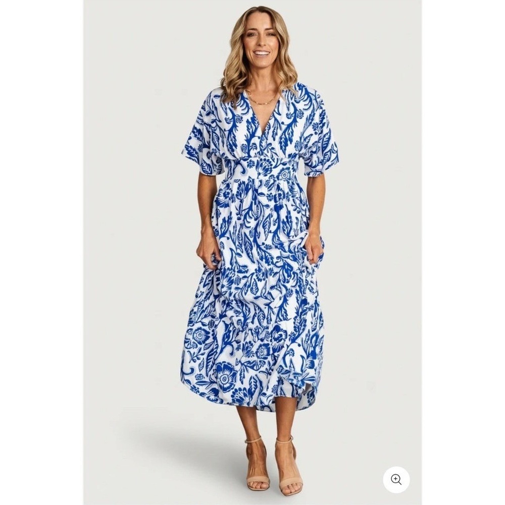 Baltic Born Austin Kimono Dress Blue White Floral Lightweight Summer 1XL